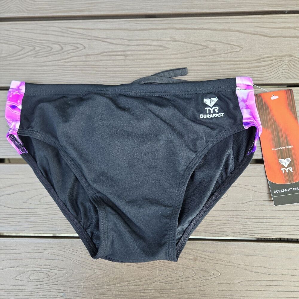 TYR Durafast Admiral Splice Swim Boys Men Black/purple Racer Briefs Size 32 New